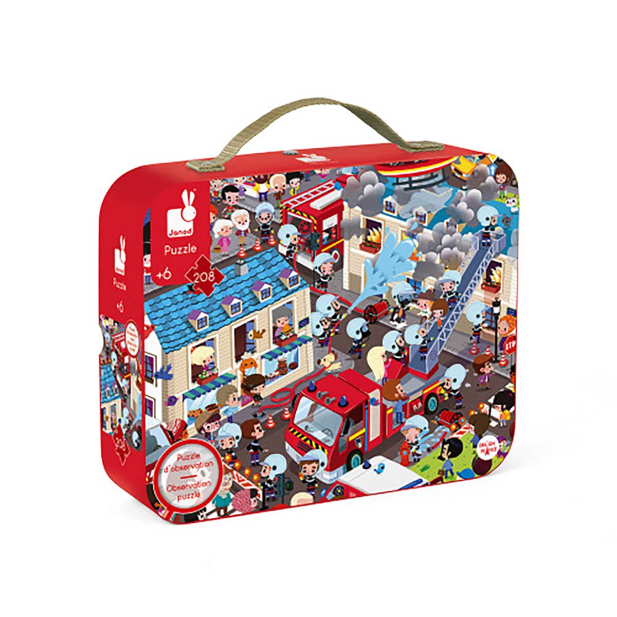 Firemen 208 Piece Round Observational Jigsaw Puzzle In Carry Case By Janod