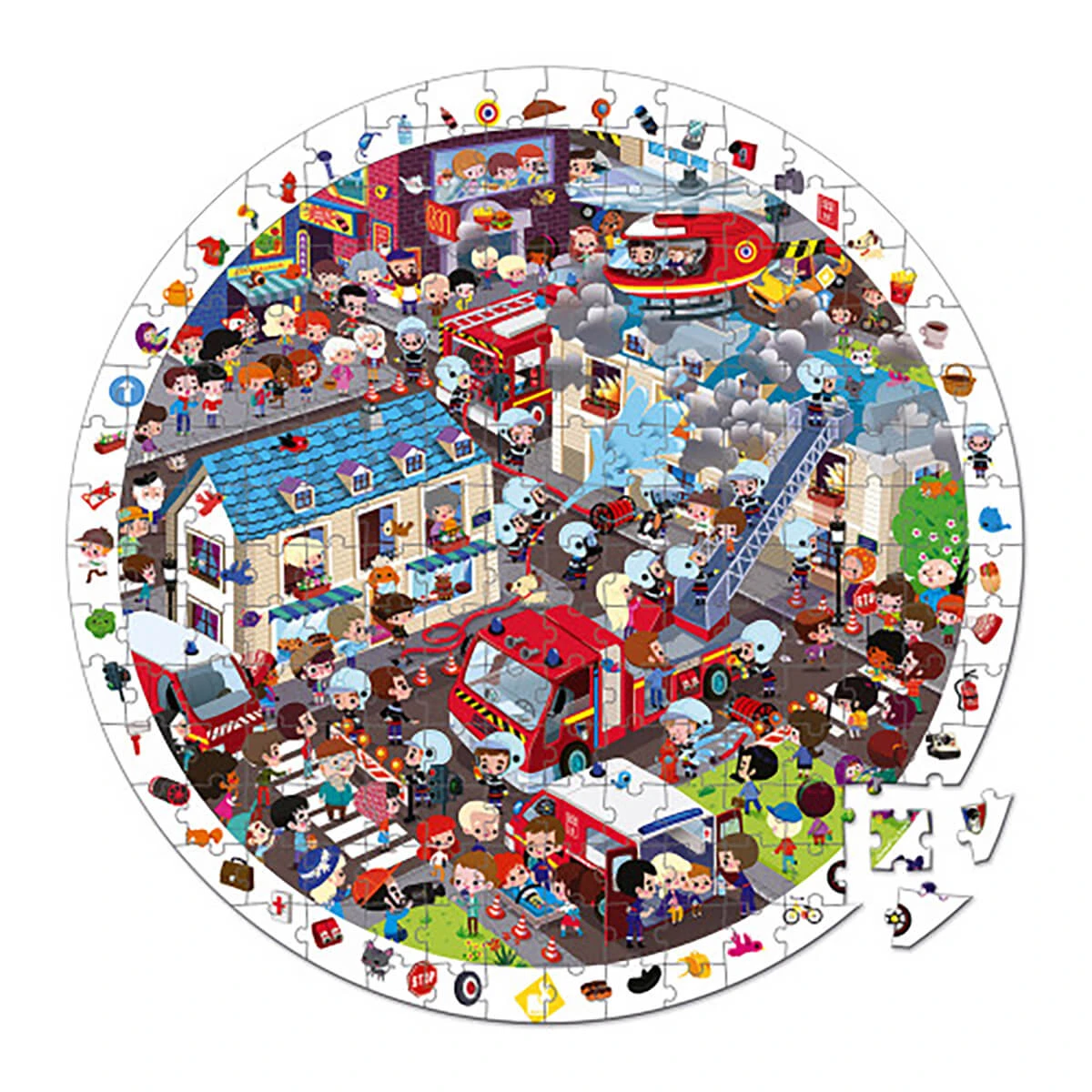 Firemen 208 Piece Round Observational Jigsaw Puzzle In Carry Case By Janod - Image 2