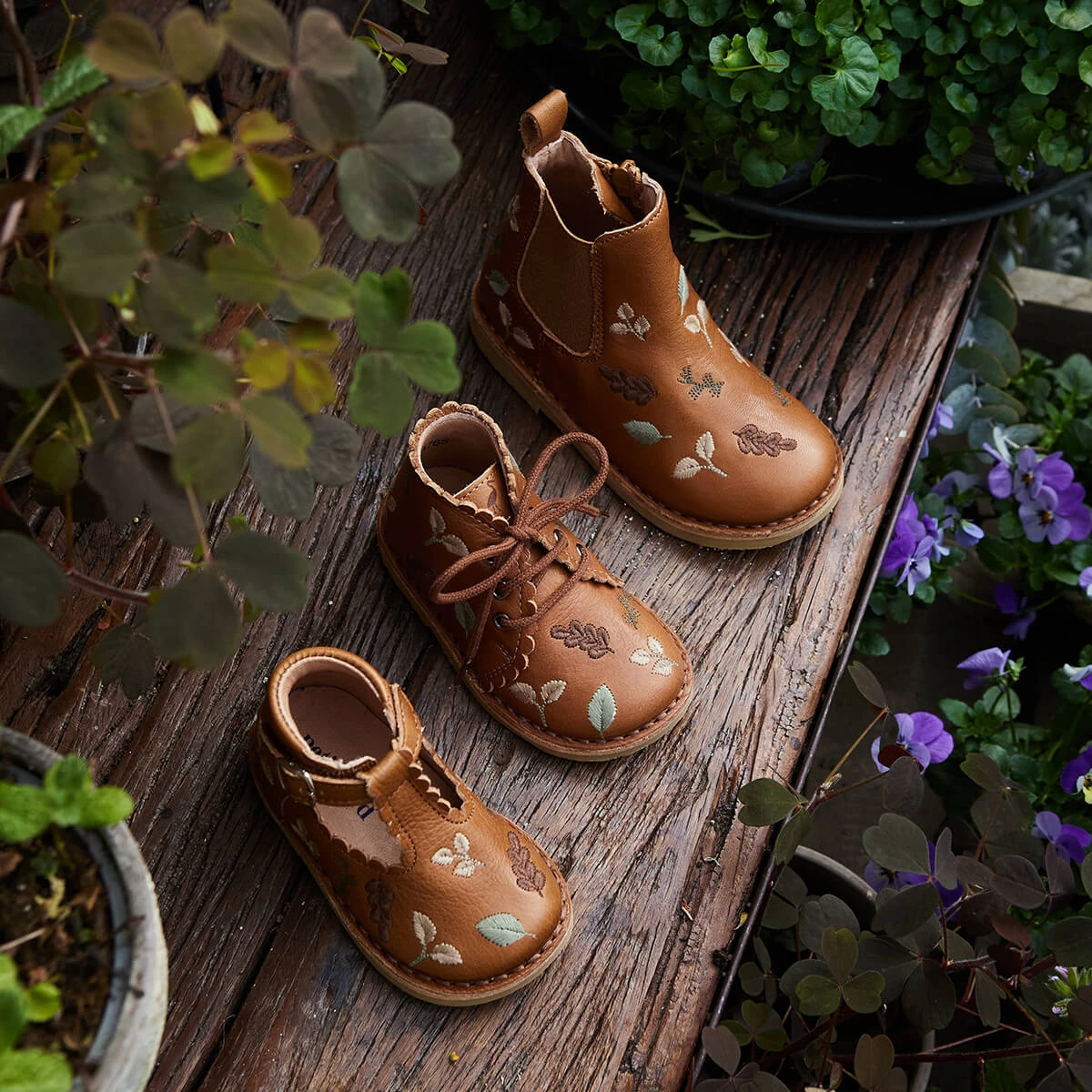 Uniqua Autumn Leaves Scallop T Bar Starter Shoes In Cognac By Petit Nord - Image 9