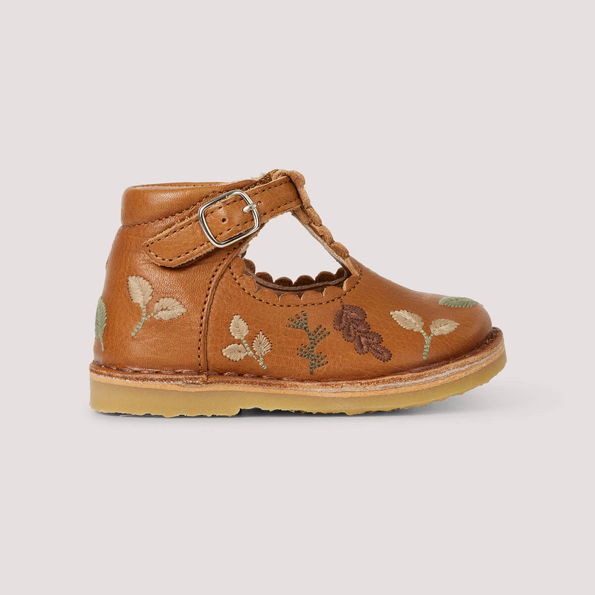 Uniqua Autumn Leaves Scallop T Bar Starter Shoes In Cognac By Petit Nord - Image 11