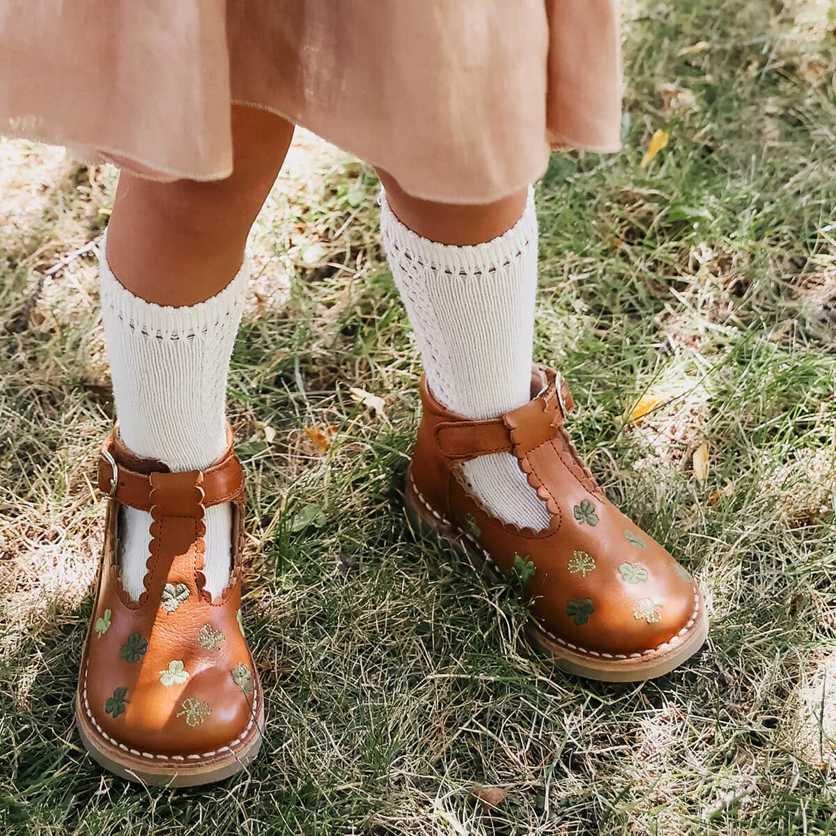 Uniqua Clover Scallop T Bar Starter Shoes In Cognac By Petit Nord - Image 14