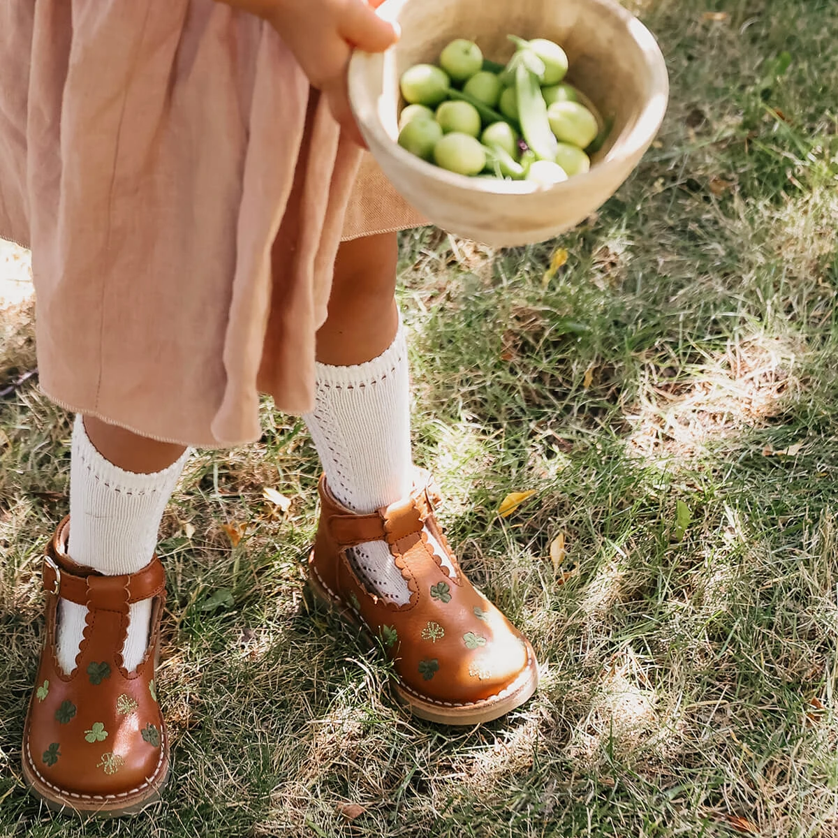Uniqua Clover Scallop T Bar Starter Shoes In Cognac By Petit Nord - Image 2