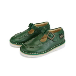 Parker Velcro T-Bar Shoes In Pea Green Leather By Young Soles