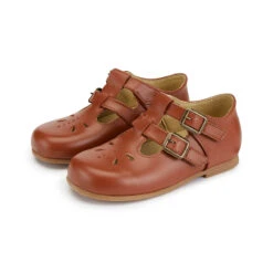 Lucy Double Strap T-Bar Shoes In Cognac Leather By Young Soles - Last Ones In Stock - EUR 31-35 / UK 12.5-2.5