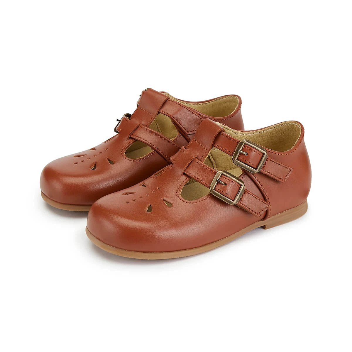 Lucy Double Strap T-Bar Shoes In Cognac Leather By Young Soles - Last Ones In Stock - EUR 31-35 / UK 12.5-2.5