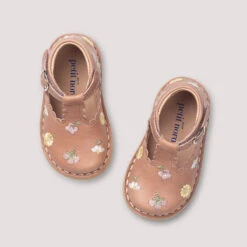 Uniqua Flower Scallop T Bar Starter Shoes In Old Rose By Petit Nord